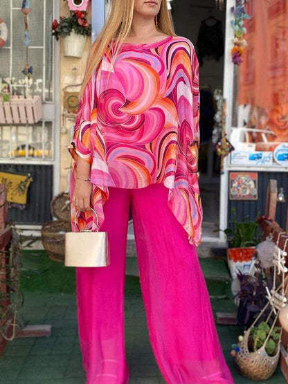 Women Colorful Chiffon Set Summer Casual Crew Neck Printed Two Piece Suit - Seldom Seen Styles