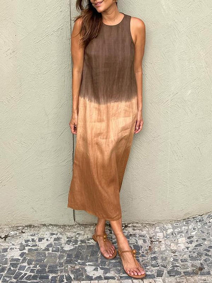 Casual cotton and linen slit gradient tie-dye long dress - Seldom Seen Styles