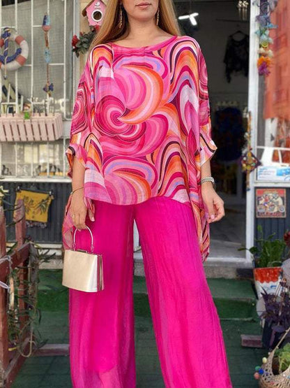 Women Colorful Chiffon Set Summer Casual Crew Neck Printed Two Piece Suit - Seldom Seen Styles