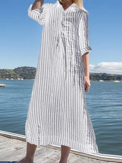 Women's Striped Cotton Linen Polo Collar Long-sleeved Shirt Dress - Seldom Seen Styles