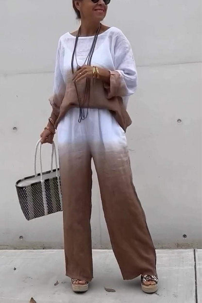 Women's Casual Round-neck Gradient Cotton and Linen Two-piece Suit - Seldom Seen Styles
