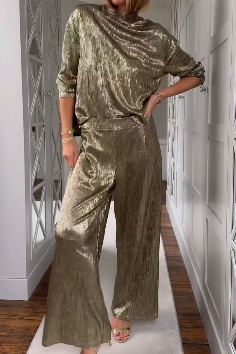 Women's fashion metallic fabric stand collar top and pants two-piece set - Seldom Seen Styles