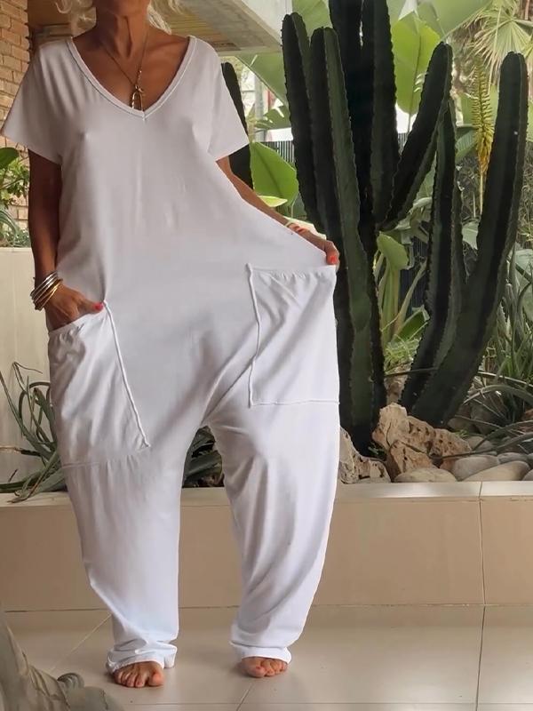 Casual V-neck Solid Color Jumpsuit - Seldom Seen Styles
