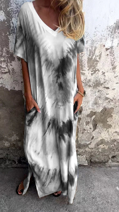 Tie-dye V-neck Long Comfortable Dress - Seldom Seen Styles