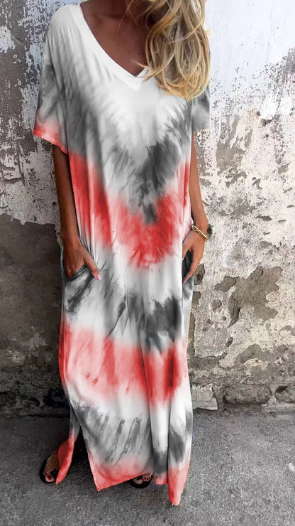Tie-dye V-neck Long Comfortable Dress - Seldom Seen Styles