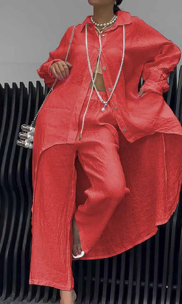 Women's Linen Back Cut-Out Shirt And Trousers Two-Piece Set - Seldom Seen Styles