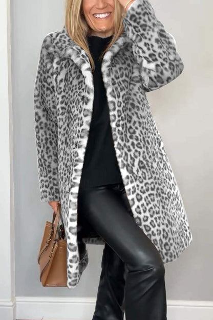 Women's Fashionable Leopard Lapel Faux Fur Winter Mid-Length Coat - Seldom Seen Styles