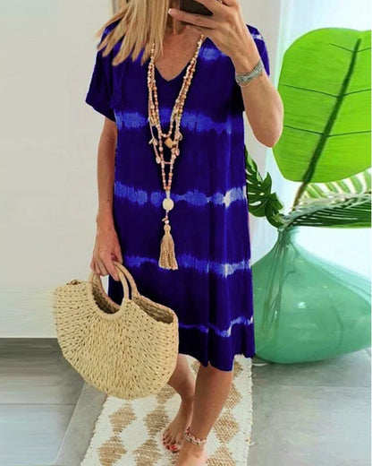 ?Tie-dye Striped Short-sleeved Loose T-shirt Dress - Seldom Seen Styles