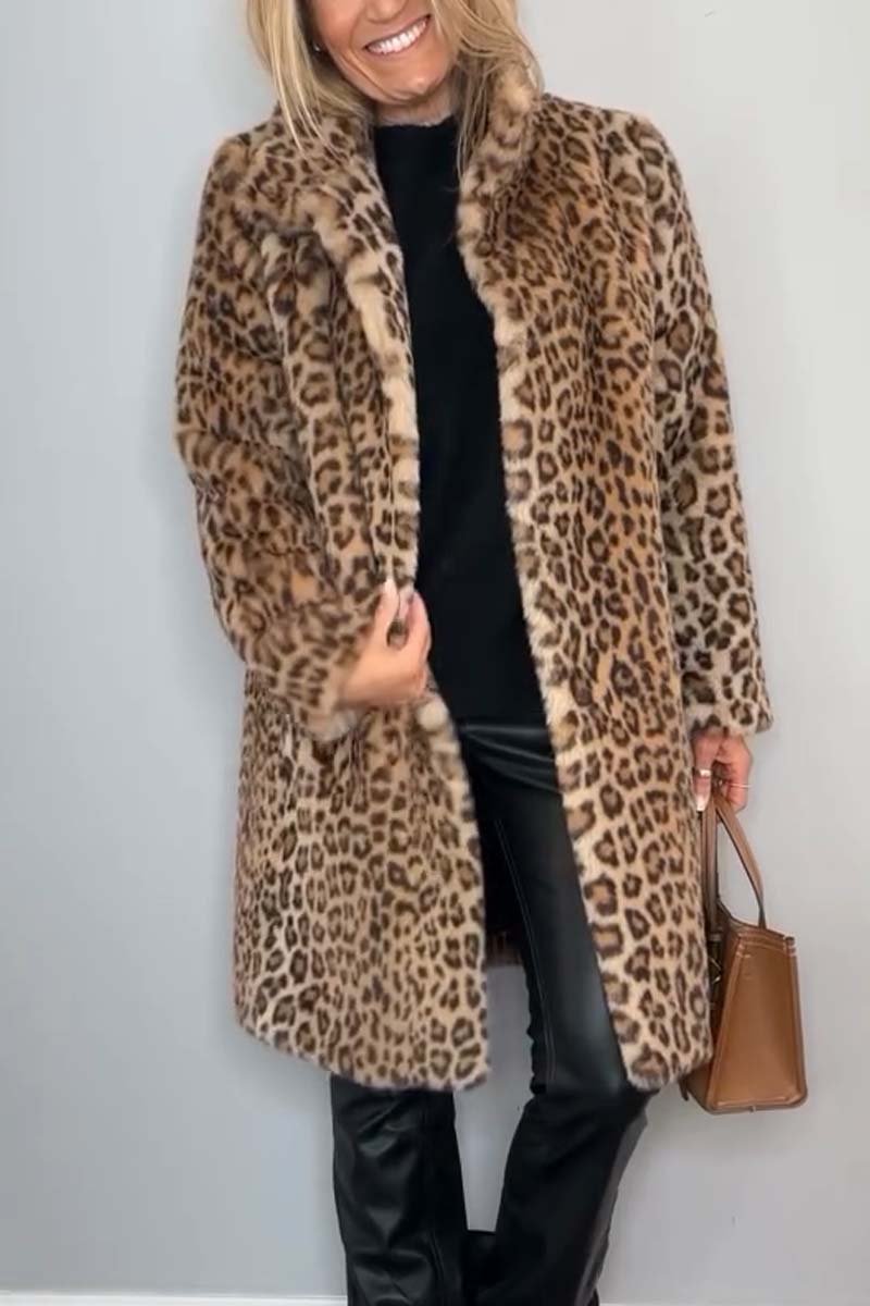 Women's Fashionable Leopard Lapel Faux Fur Winter Mid-Length Coat - Seldom Seen Styles