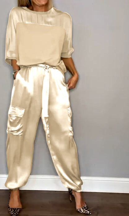 Women's Smooth Satin Half-sleeved Top and Pant Suit Two-piece - Seldom Seen Styles