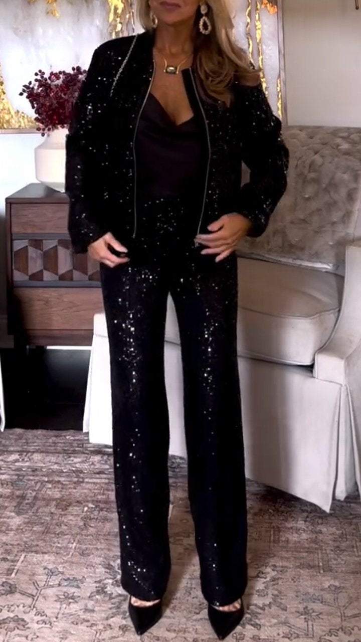 Women's Round Neck Zipper Sequin Top + Trousers Casual Suit - Seldom Seen Styles