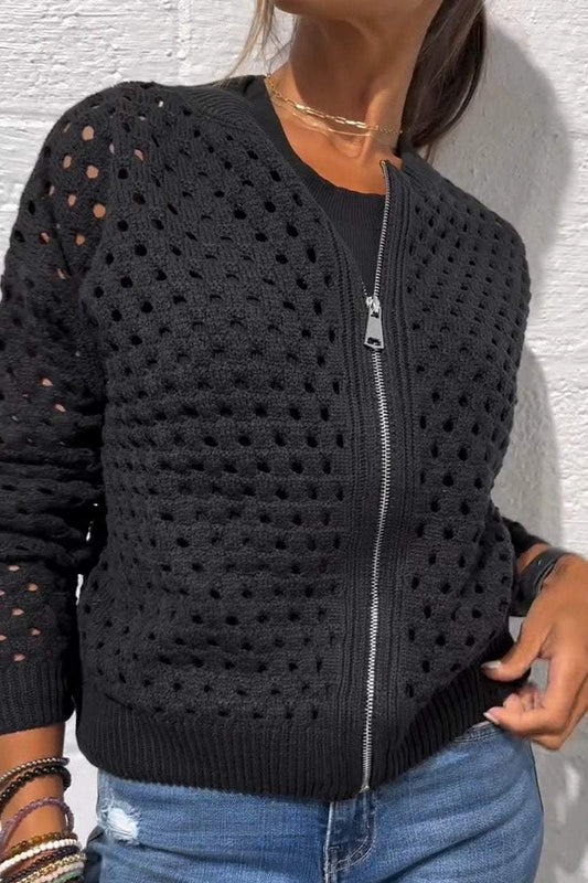 Women's casual hollow knitwear zipper jacket - Seldom Seen Styles