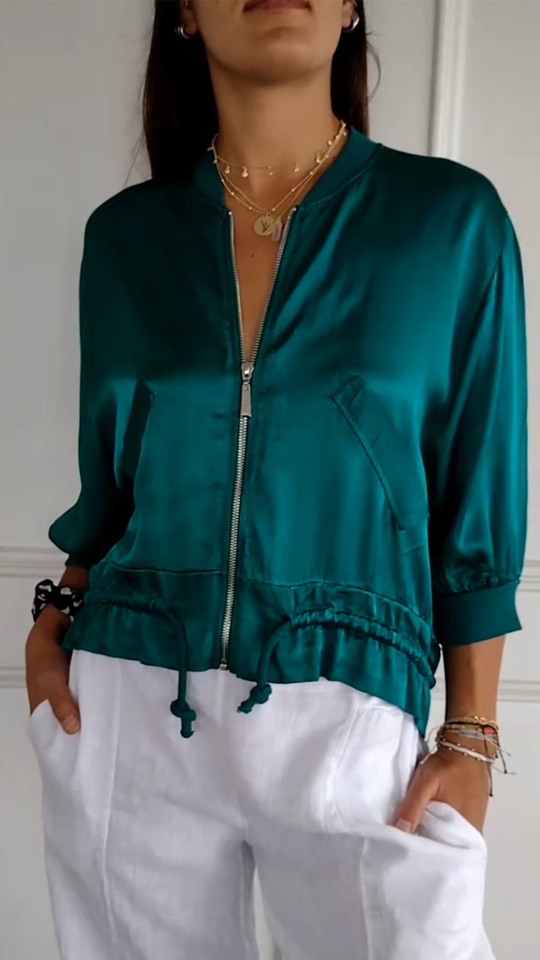 Crew Neck Zipped Satin Cropped Jacket - Seldom Seen Styles