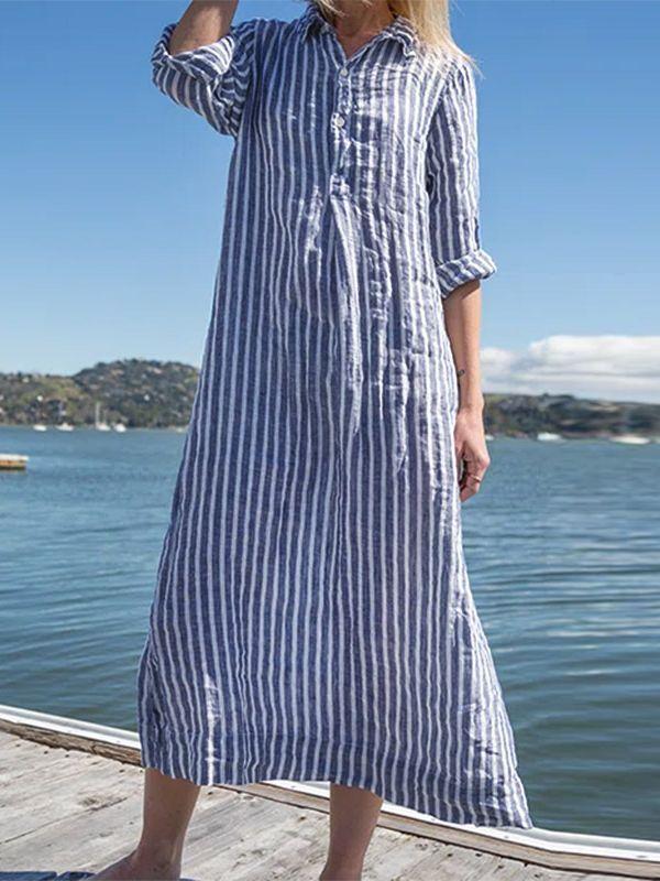 Women's Striped Cotton Linen Polo Collar Long-sleeved Shirt Dress - Seldom Seen Styles