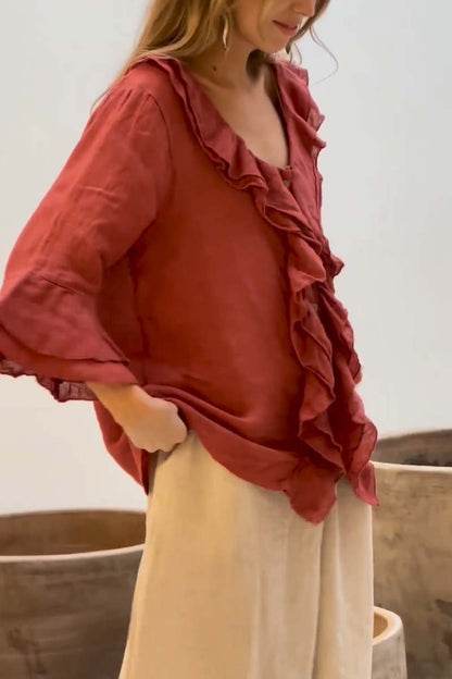 Women's casual ruffle collar cotton and linen tops - Seldom Seen Styles