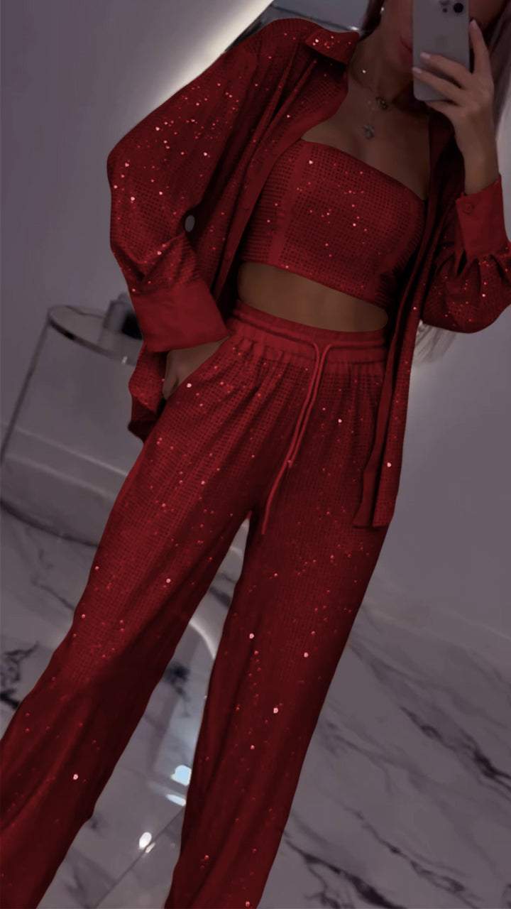 Women's Lapel Rhinestone Casual Three-piece Suit - Seldom Seen Styles