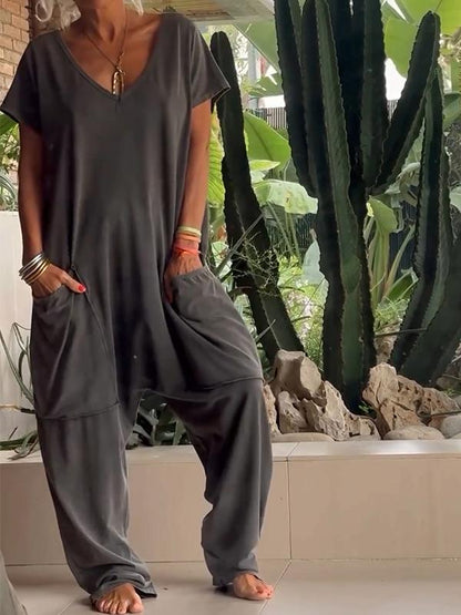 Casual V-neck Solid Color Jumpsuit - Seldom Seen Styles