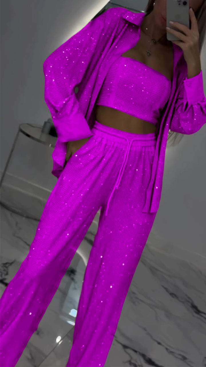 Women's Lapel Rhinestone Casual Three-piece Suit - Seldom Seen Styles