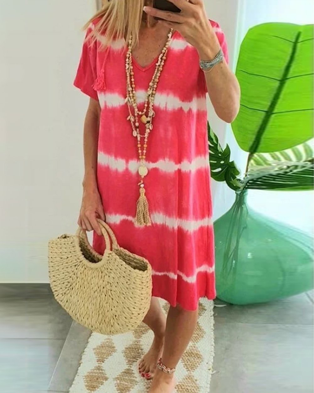 ?Tie-dye Striped Short-sleeved Loose T-shirt Dress - Seldom Seen Styles