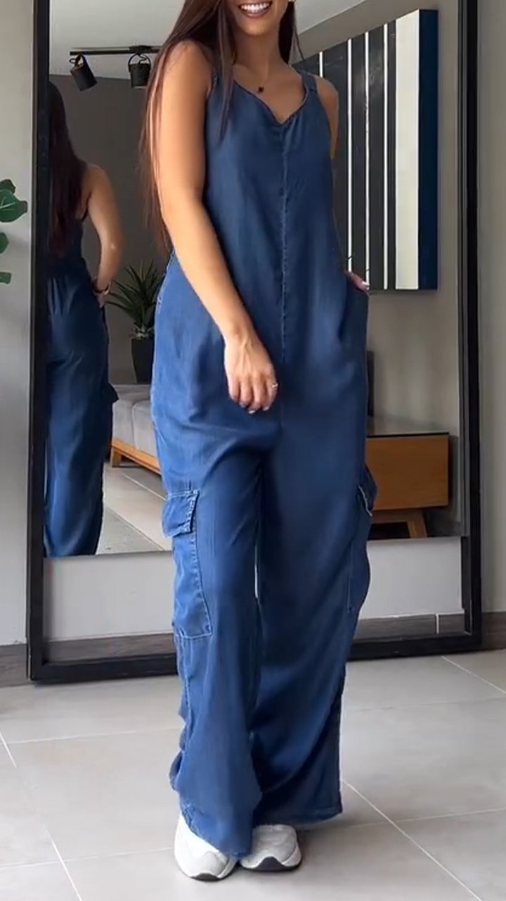 Thin Denim Cargo Pocket V-neck Jumpsuit - Seldom Seen Styles