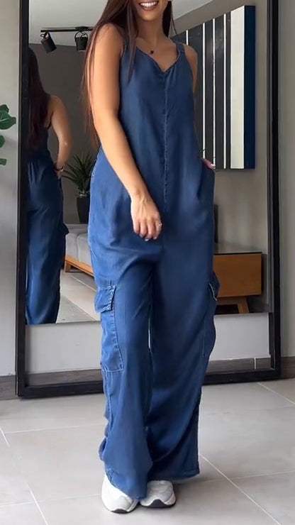 Thin Denim Cargo Pocket V-neck Jumpsuit - Seldom Seen Styles