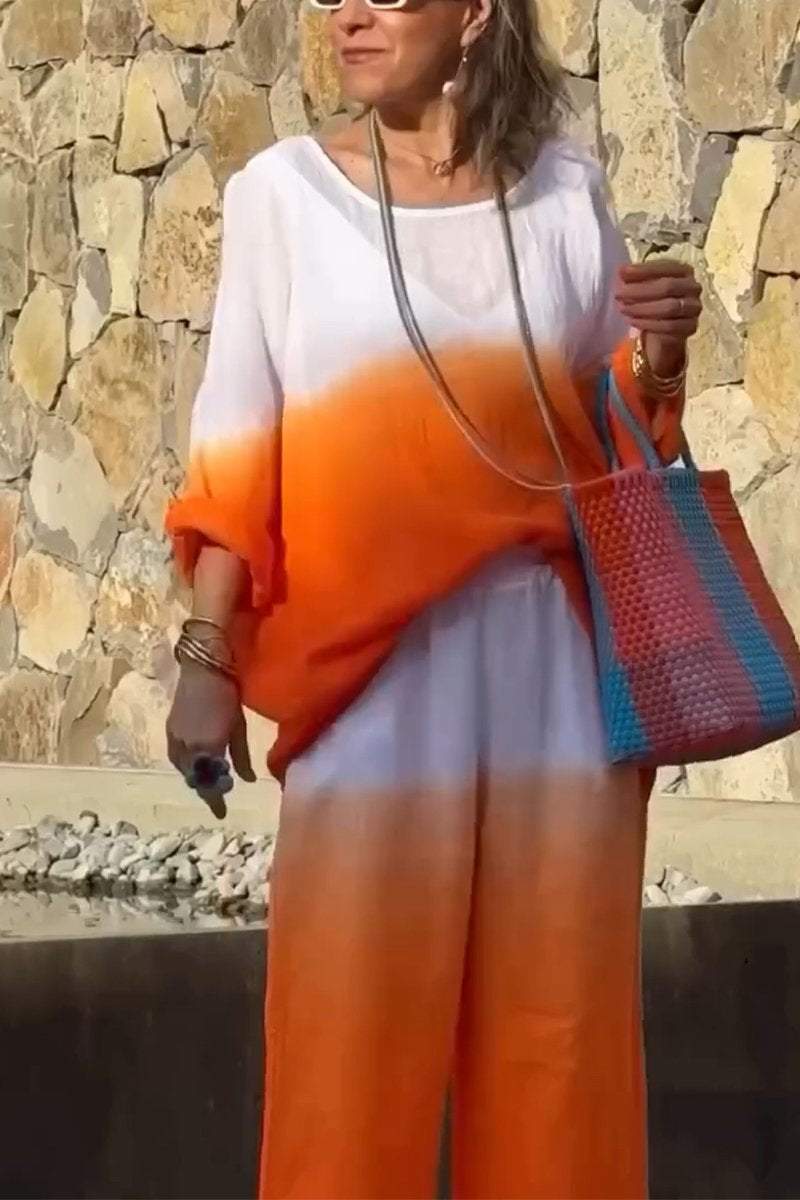 Women's Casual Round-neck Gradient Cotton and Linen Two-piece Suit - Seldom Seen Styles