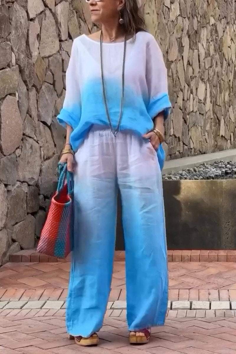 Women's Casual Round-neck Gradient Cotton and Linen Two-piece Suit - Seldom Seen Styles