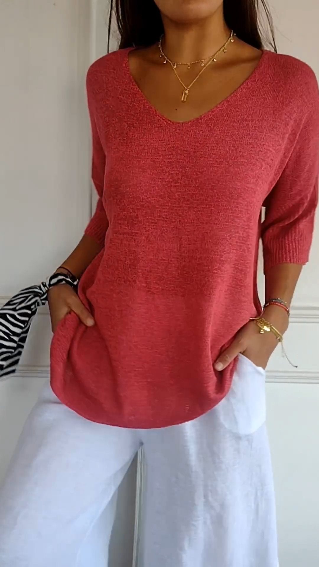 Solid Color Knitted V-neck Top - Seldom Seen Styles