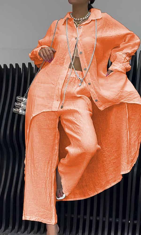 Women's Linen Back Cut-Out Shirt And Trousers Two-Piece Set - Seldom Seen Styles