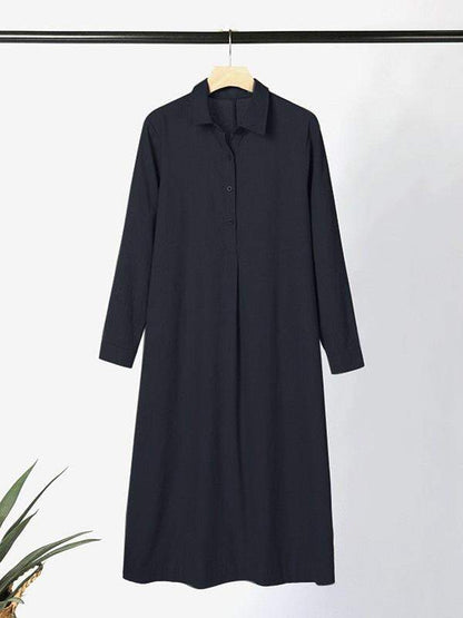 Women's Cotton Lapel Long Sleeve Long Shirt Dress - Seldom Seen Styles