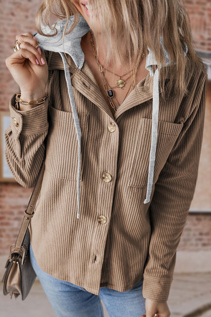 Women's Lapel Button Cardigan Pocket Hood Drawstring Striped Jacket - Seldom Seen Styles