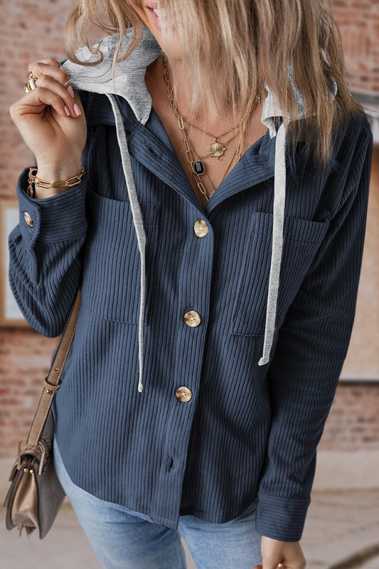 Women's Lapel Button Cardigan Pocket Hood Drawstring Striped Jacket - Seldom Seen Styles