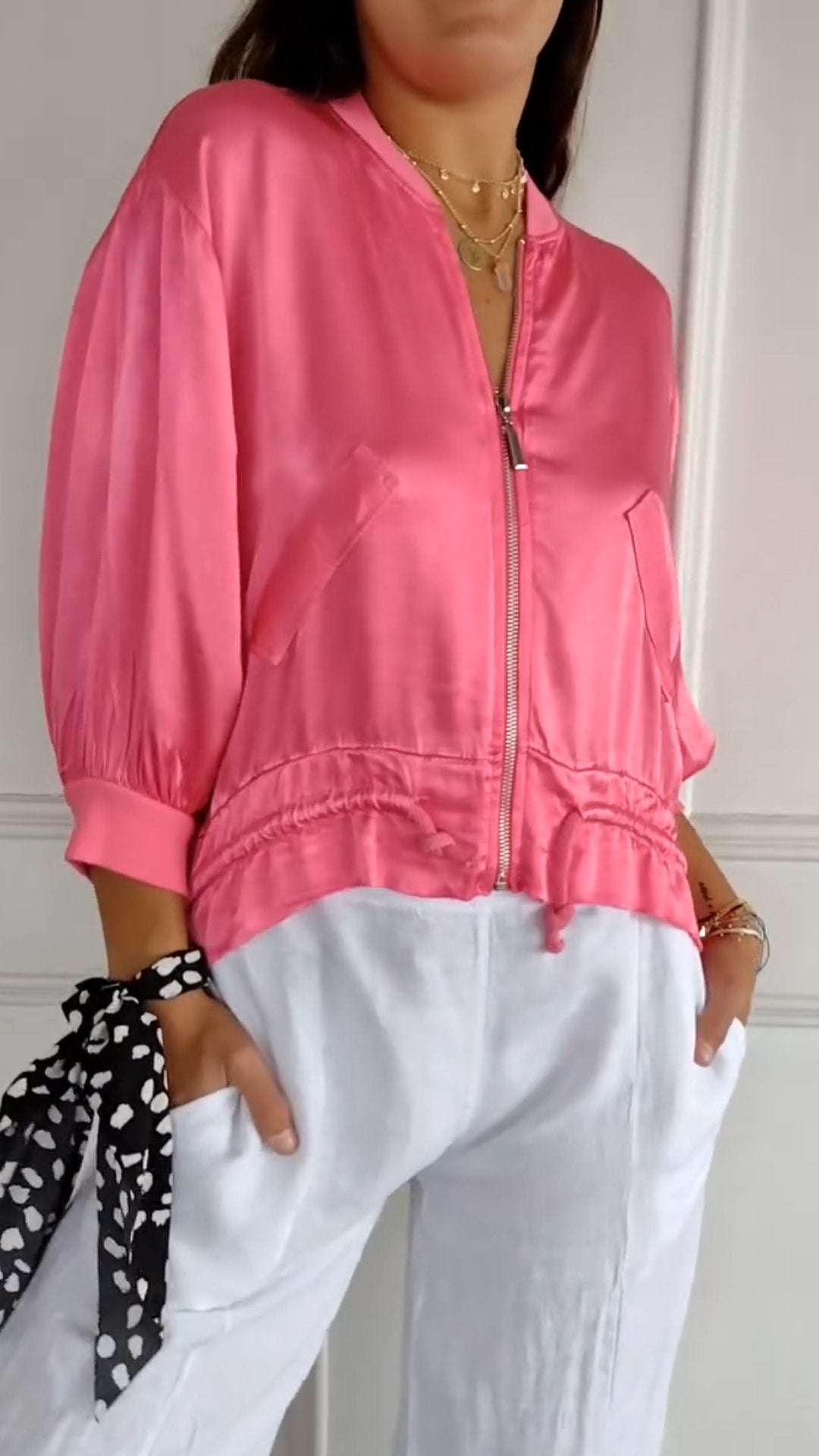 Crew Neck Zipped Satin Cropped Jacket - Seldom Seen Styles