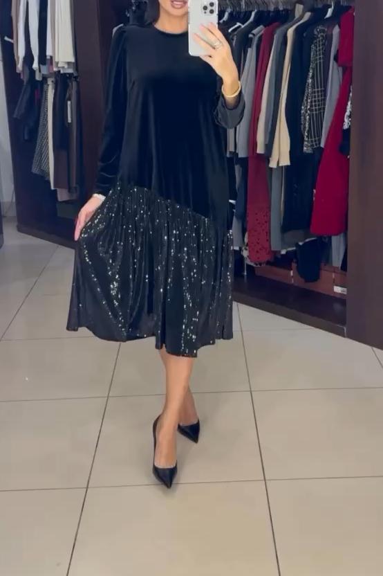 Women's Velvet Hem Sequin Fabric Patchwork Dress - Seldom Seen Styles