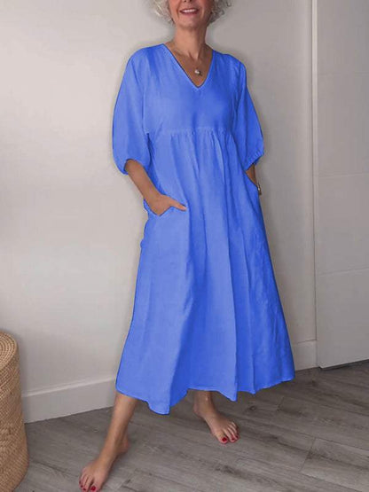 Women's V-neck Solid Color Mid-length Sleeve Dress - Seldom Seen Styles