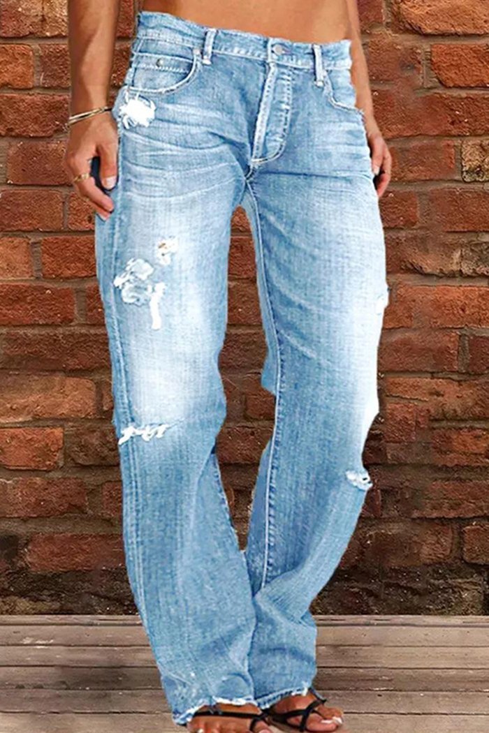 Women's Mid-rise Ripped Casual Straight Pants - Seldom Seen Styles