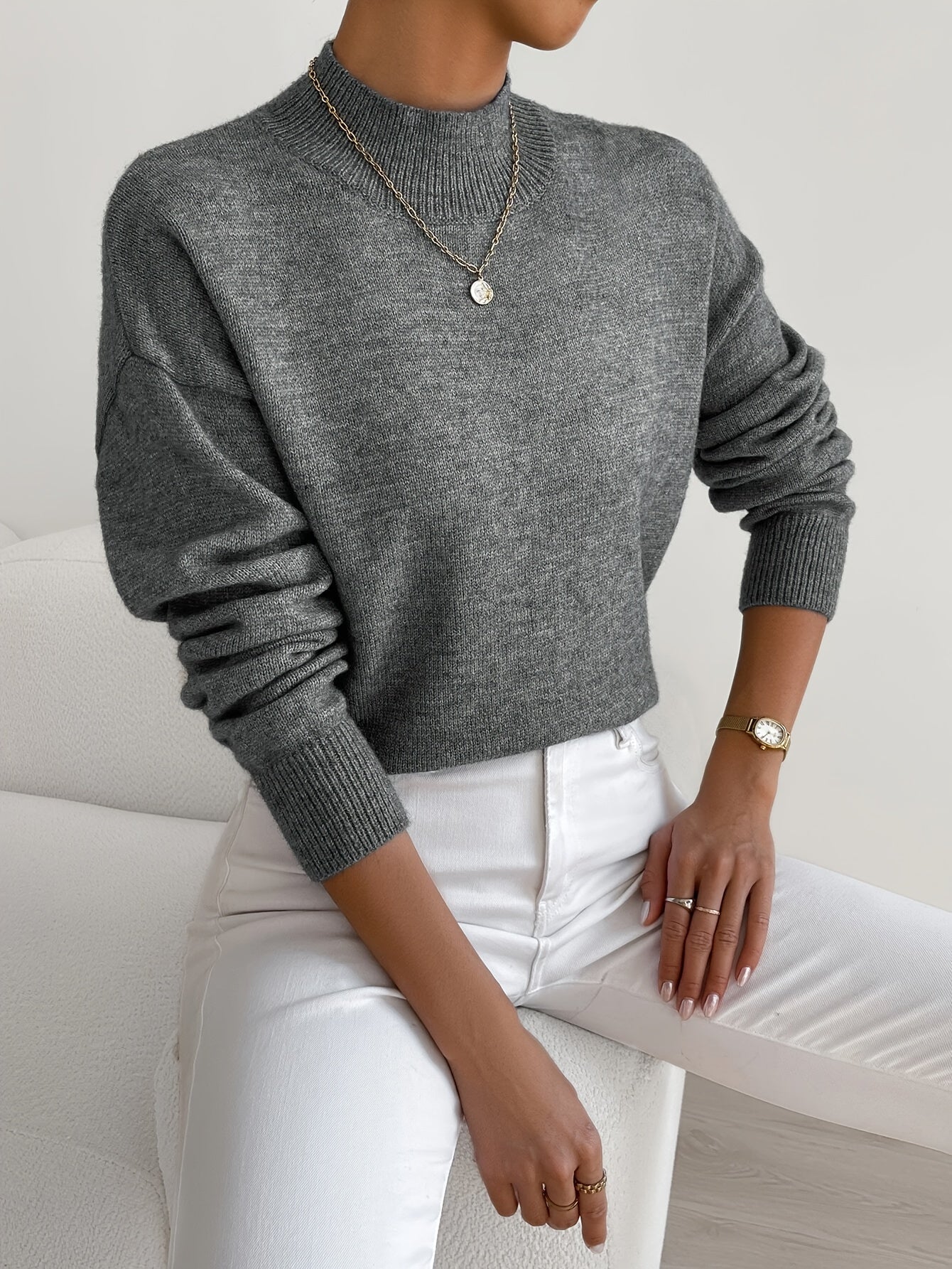 Soft Sweaters for Women, Half Turtleneck Pullover Long Sleeve Sweater, Solid Color Drop Shoulder Loose Knitted Top