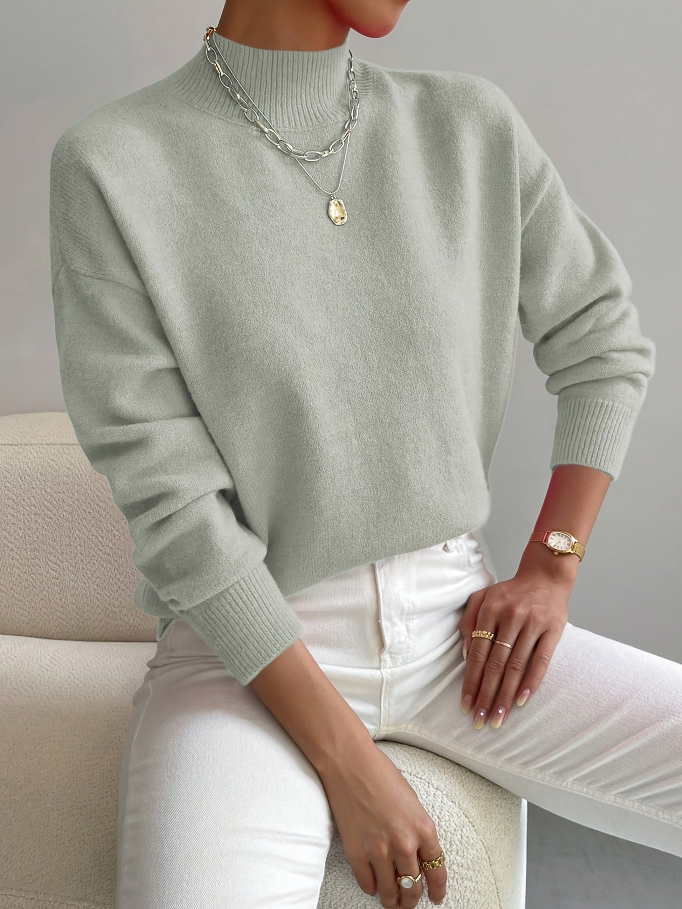 Soft Sweaters for Women, Half Turtleneck Pullover Long Sleeve Sweater, Solid Color Drop Shoulder Loose Knitted Top