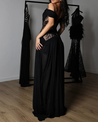 Off-Shoulder Lace Corset Chiffon Thigh Slit Maxi Dress