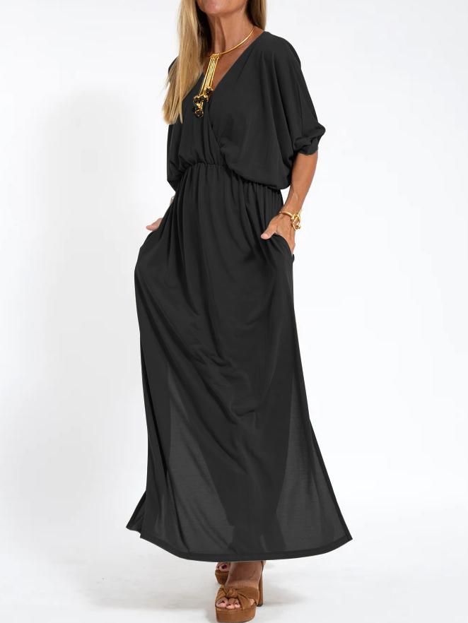 Women's Casual Solid Color V Neck Slit Dress - Seldom Seen Styles