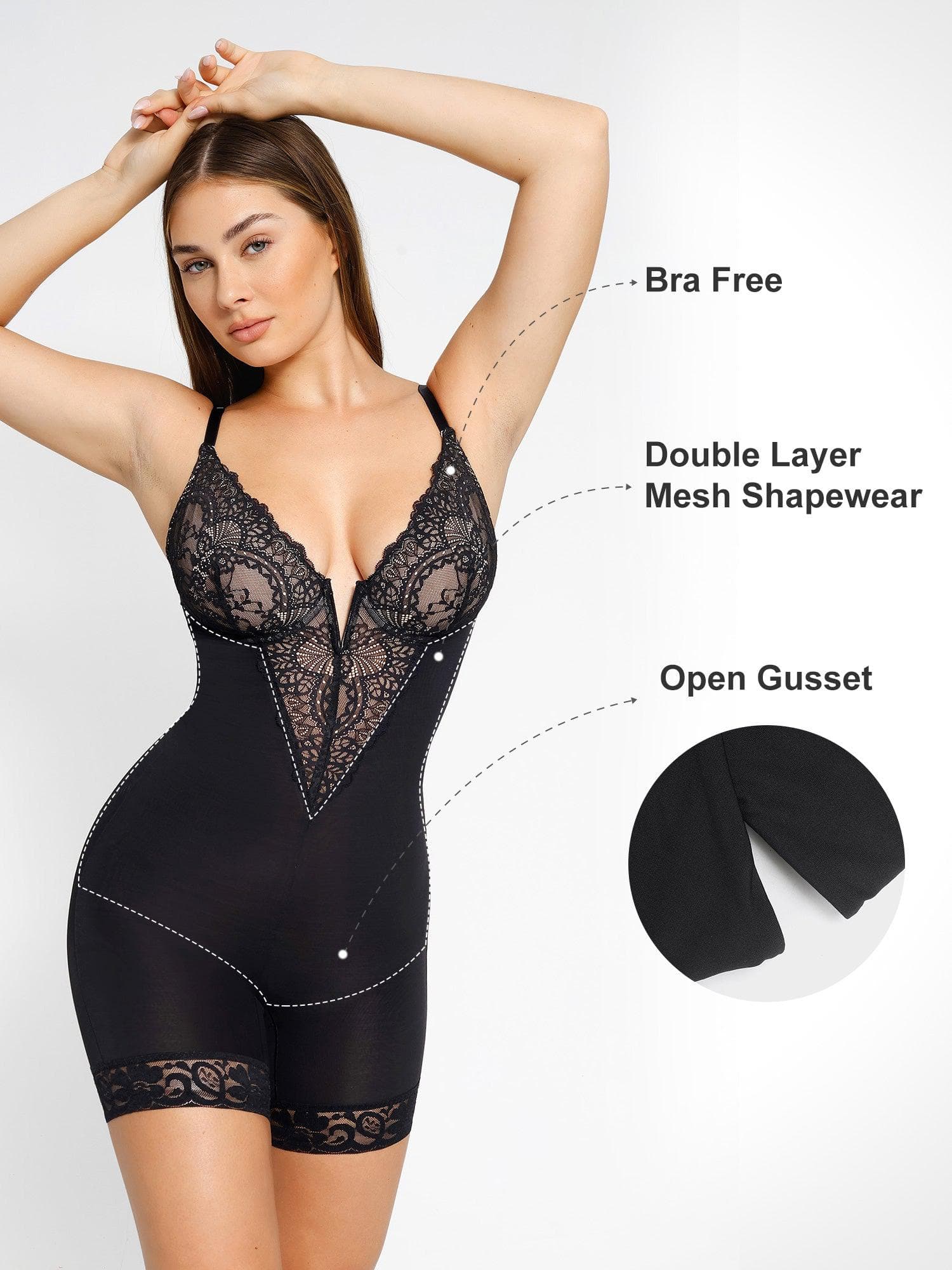 Popilush® black lace bodysuit featuring shapewear and open gusset