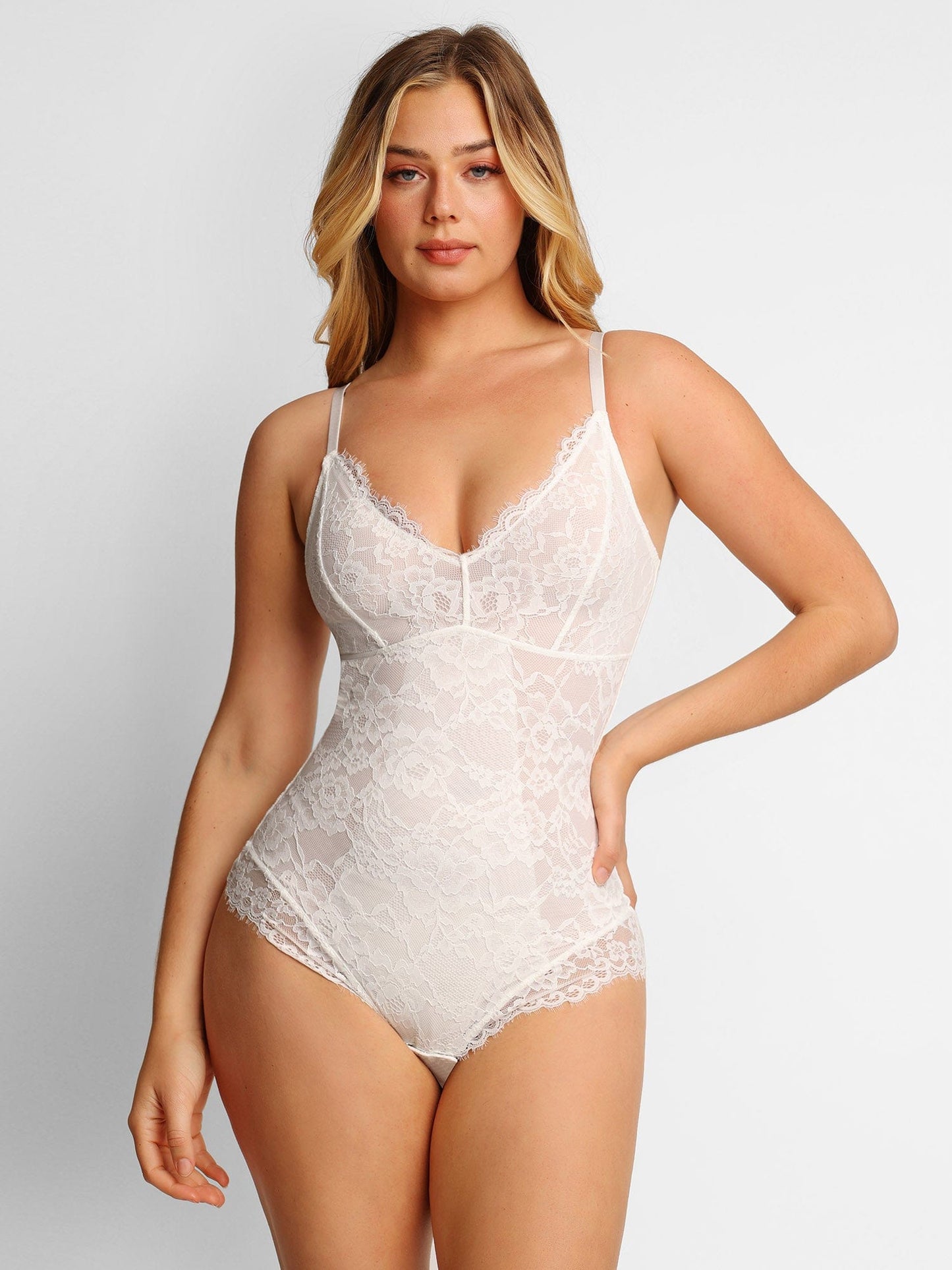 Stylish Popilush® white lace bodysuit, designed for comfort and confidence.