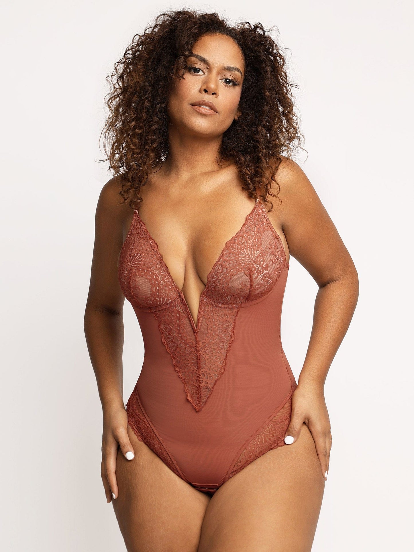 Popilush®: Rust lace deep-V shapewear bodysuit for party wear