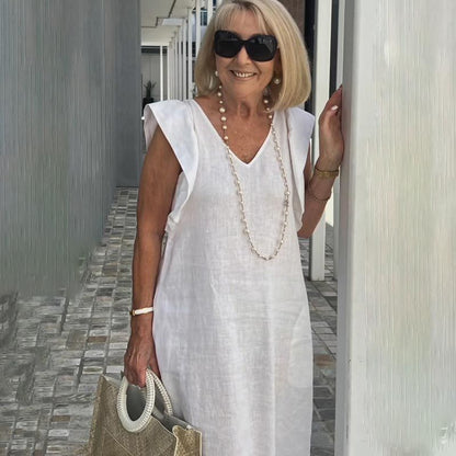 Women Linen Maxi Dress V Neck Ruffle Sleeve Tie Back Cotton Long Dresses with Pocket - Seldom Seen Styles