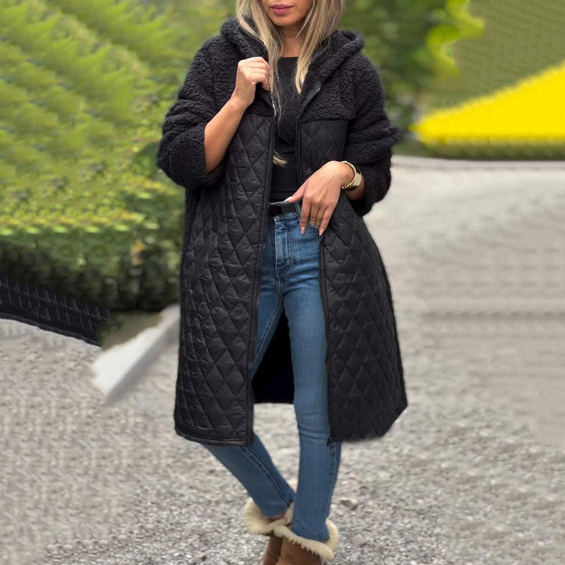 Cozy quilted coat with synthetic Sherpa lining and hood for women - Seldom Seen Styles