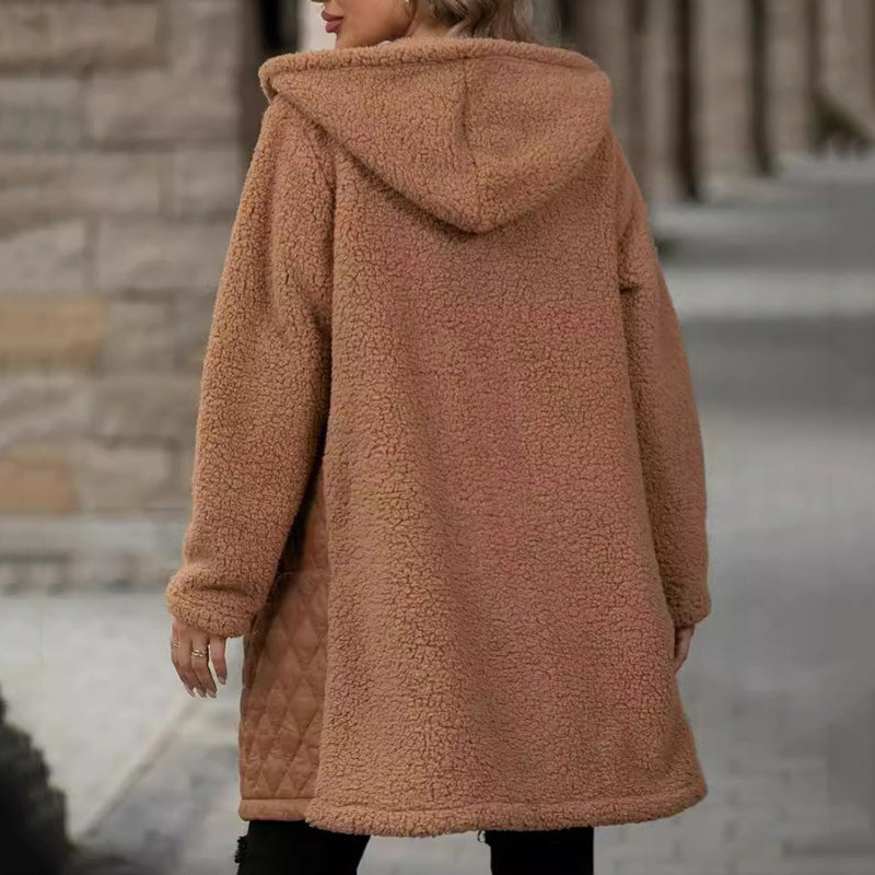 Cozy quilted coat with synthetic Sherpa lining and hood for women - Seldom Seen Styles