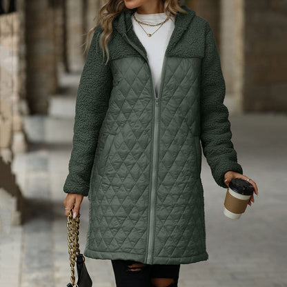 Cozy quilted coat with synthetic Sherpa lining and hood for women