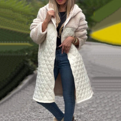 Cozy quilted coat with synthetic Sherpa lining and hood for women
