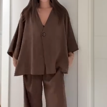 Women's Elegance V-Neck Top & Wide-Leg Pants Set