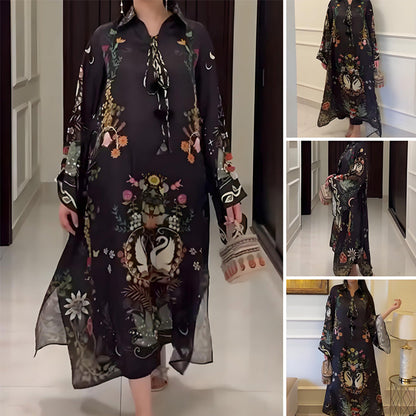 Women’s Printed V-Neck Loose Long-Sleeve Maxi Dress - Seldom Seen Styles